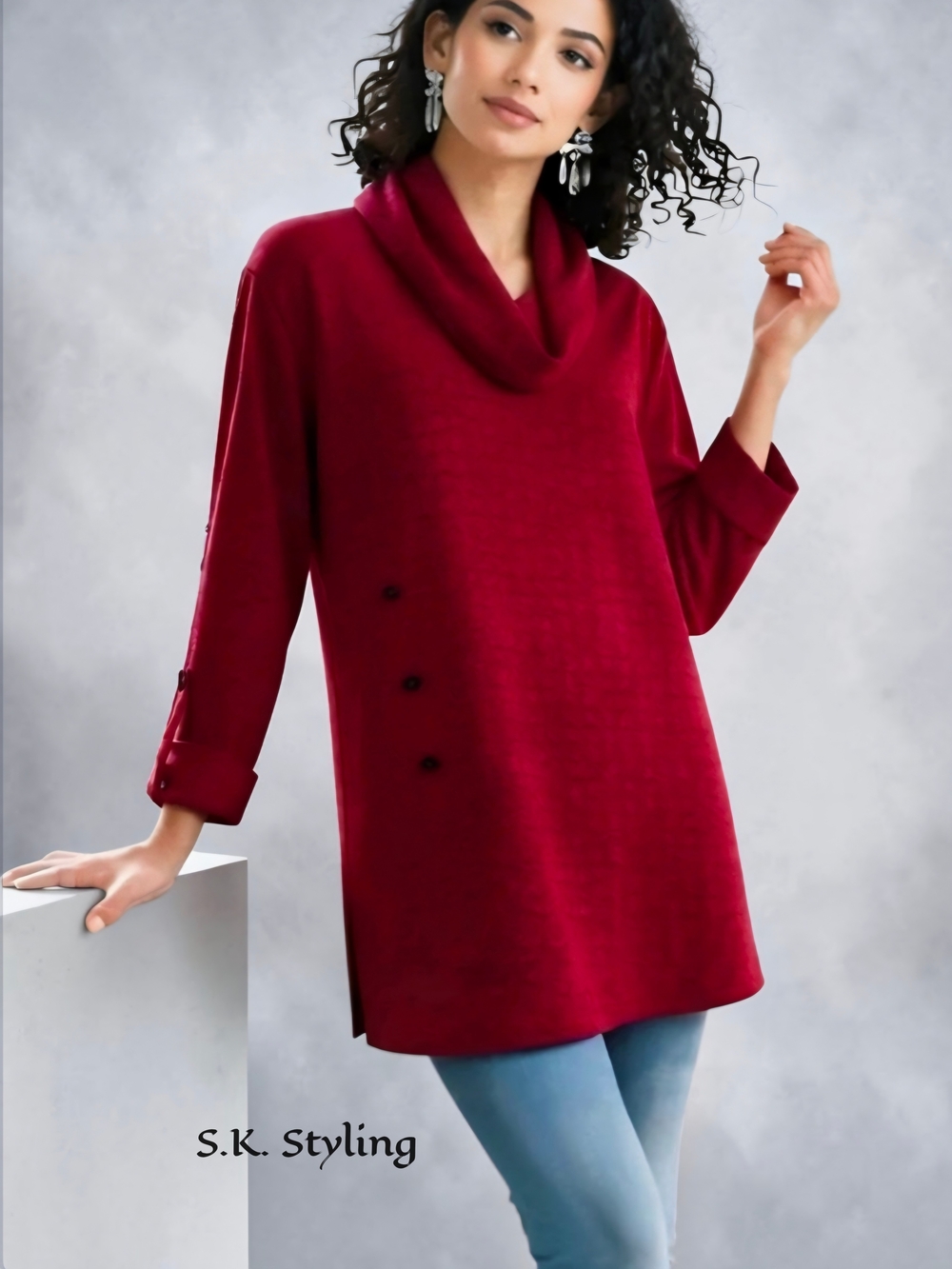 NEW - Calessa Textured Knit Tunic Top 2X Cowl Neck Roll Tab Sleeve Lagenlook